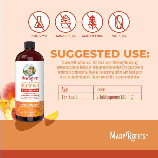 MaryRuth's Liquid Morning Multivitamin + Hair Growth - Peach Mango