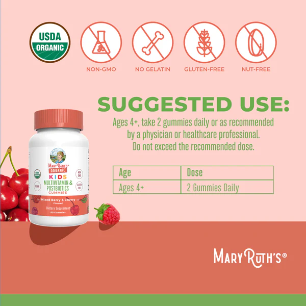 MaryRuth's Organic Kids Multivitamin + Postbiotic Gummies